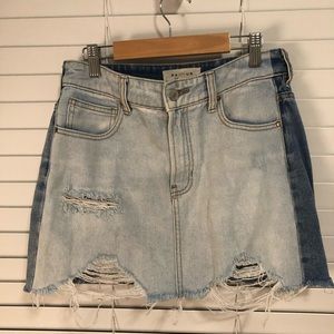 Distressed two tone denim skirt
